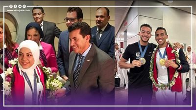 وزير الرياضة يستقبل أحمد الجندي وسارة سمير بالورد في مطار القاهرة (فيديو)