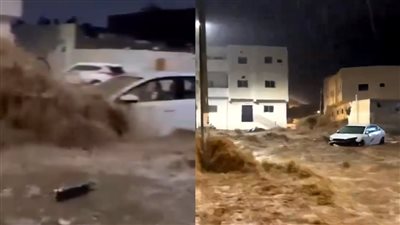 سيول قوية تداهم حيا سكنيا في المدينة المنورة وتغمر السيارات وتجرفها (فيديو)