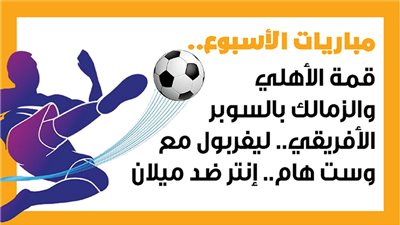 مباريات الأسبوع.. قمة الأهلي والزمالك بالسوبر الأفريقي.. ليفربول مع وست هام.. إنتر ضد ميلان (إنفوجراف)