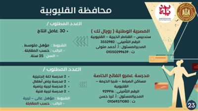 مديرية العمل بالقليوبية تعلن توفير 330 فرصة عمل