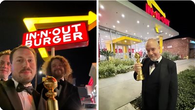 المخرج جينتس زيلبالوديس يحتفل بفوزه بـ جولدن جلوب في مطعم للوجبات السريعة