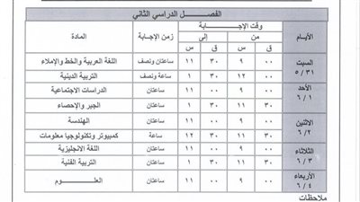 ننشر جدول امتحانات الشهادة الإعدادية بالإسماعيلية 
