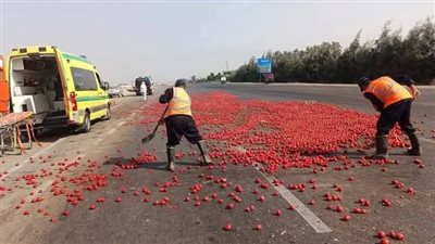 انقلاب سيارة محملة بالطماطم على الطريق الصحراوي بالبحيرة