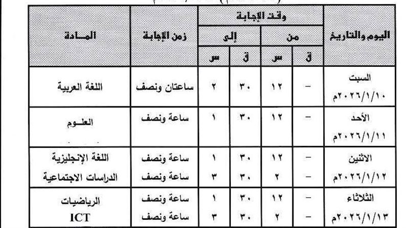 جدول امتحان الشهادة