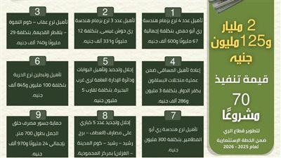  تنفيذ 70 مشروعا بتكلفة تتجاوز 2 مليار جنيه لتطوير قطاع الري في البحيرة