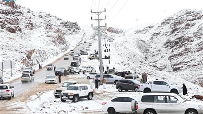 وشاح أبيض يبهر زواره.. الثلج يغطي جبل اللوز بالسعودية|صور