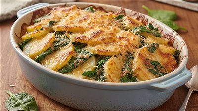 طريقة عمل طاجن بطاطس، بالسبانخ والكريمة الخفيفة