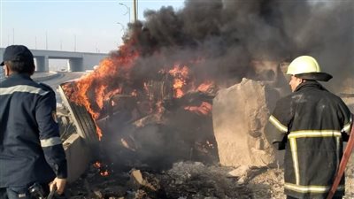 تفحم شخصين في انقلاب سيارة نقل وانفجارها على الدائري الأوسطي | صور 