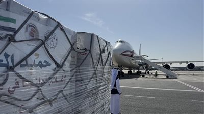 مطار العريش يستقبل طائرة تحمل 100 طن مواد غذائية مساعدات إماراتية لـ غزة 