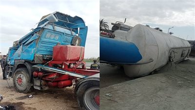 انقلاب سيارة نقل ثقيل مزودة بتانك أسمنت سائل ببني سويف