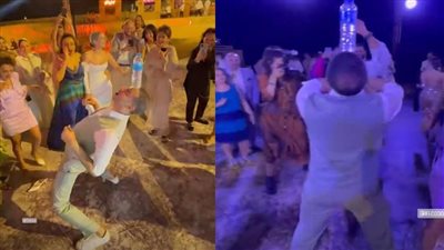 بزجاجة على رأسه.. محمد فراج يشعل حفل زفافه بوصلة رقص