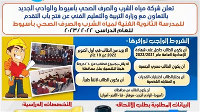 التقديم إلكتروني.. فتح باب قبول دفعة جديدة بالمدرسة الثانوية الفنية لمياه أسيوط 