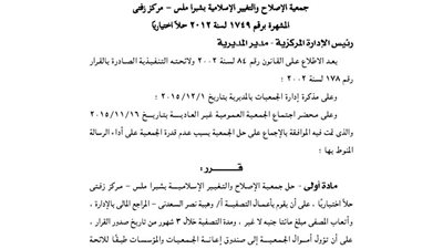 حل جمعية الإصلاح والتغيير الإسلامية بشبرا ملس بزفتى