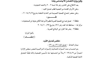 تعديل قيد فرع الجمعية المصرية لتنظيم الأسرة بقنا