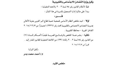 قيد ملخص جمعية تنمية قطاع البر الغربى بعزبة الأهالي بالقليوبية